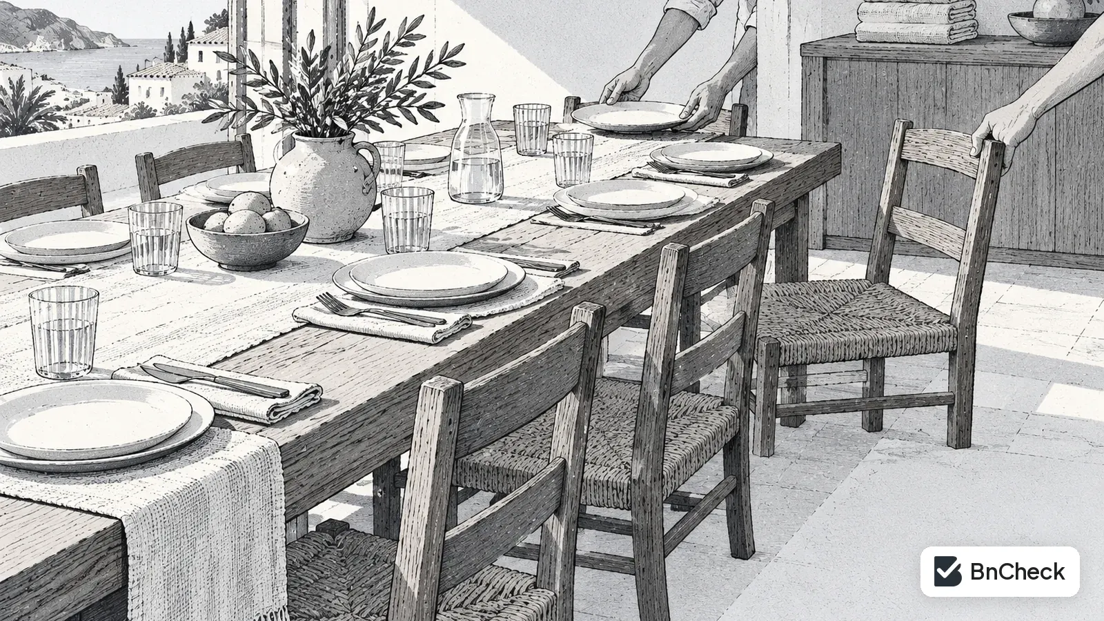 Manos añadiendo un plato y una silla más a la mesa de un piso turístico, con toallas extra en el aparador