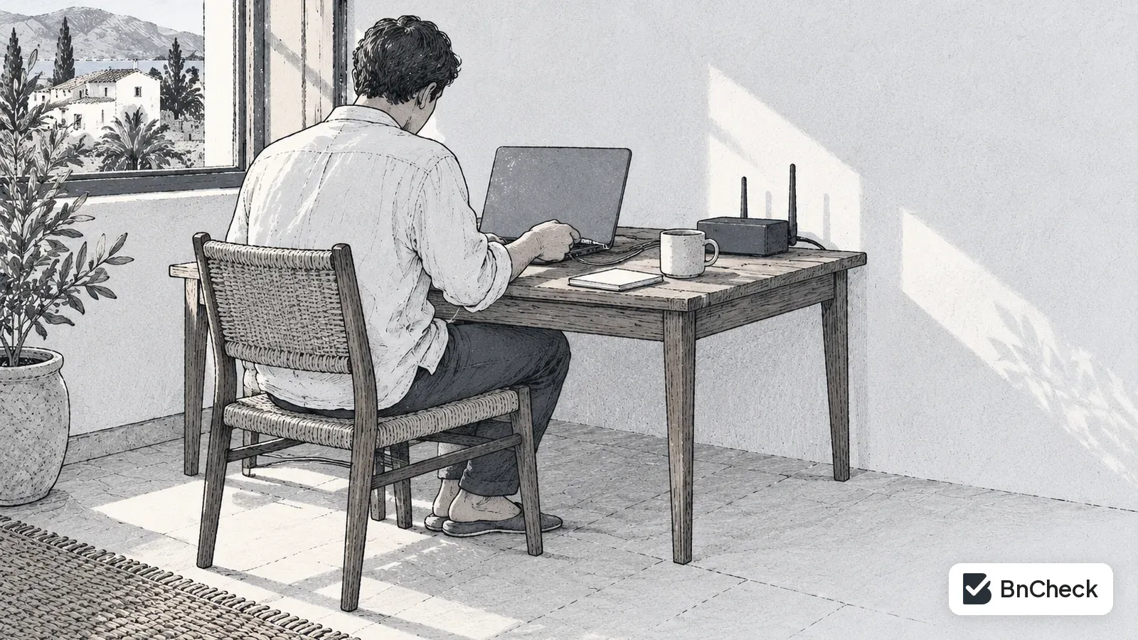 Anfitrión de espaldas conectando un portátil junto a un router en un escritorio con ventana