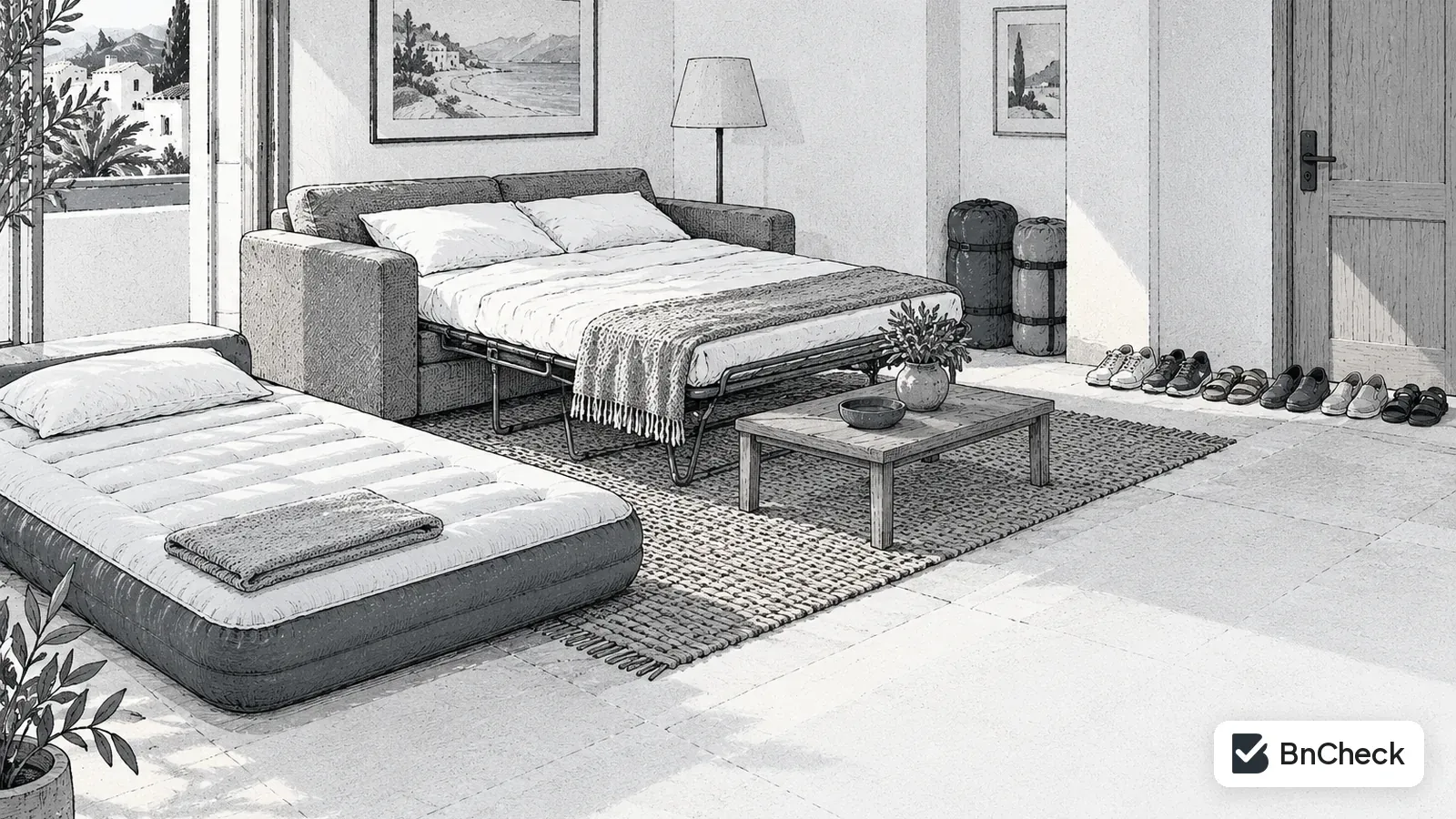 Holiday flat living room with an inflatable mattress, an open sofa bed and many pairs of shoes by the door