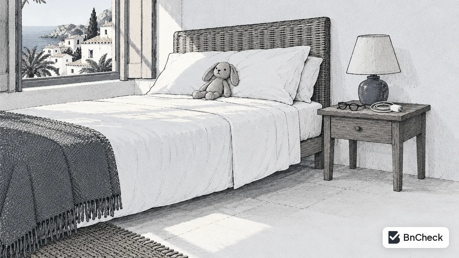 Holiday rental bedroom after checkout, with reading glasses and a phone charger left on the bedside table