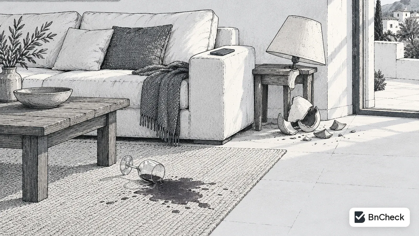Holiday rental living room with a stained rug, a tipped-over glass and a broken lamp on the floor