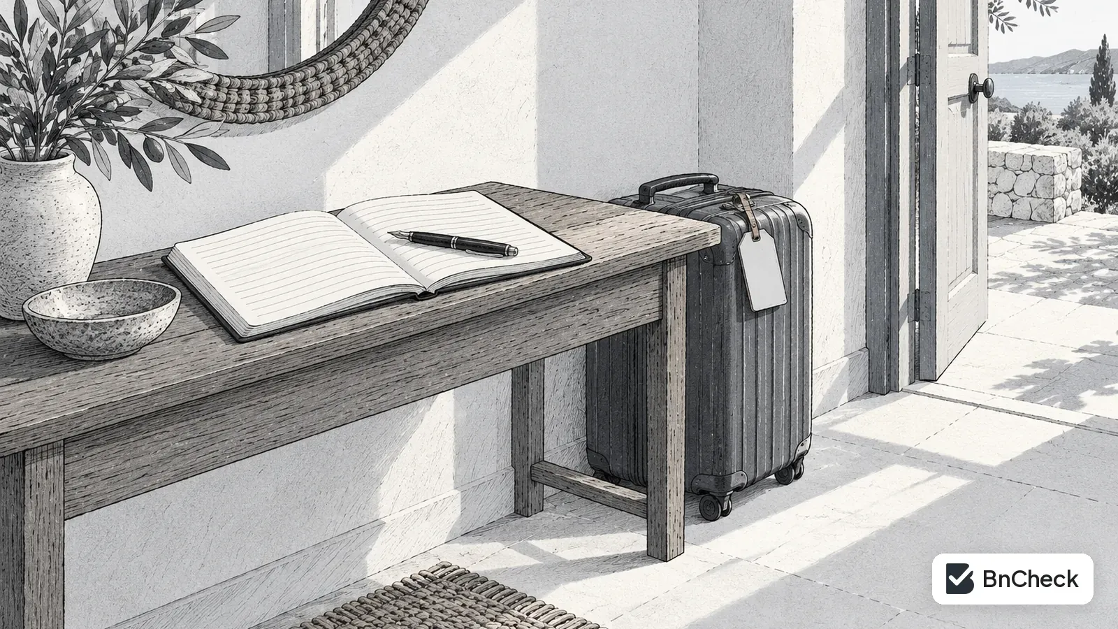Holiday flat entrance hall with an open guest register, a fountain pen and a suitcase by the table