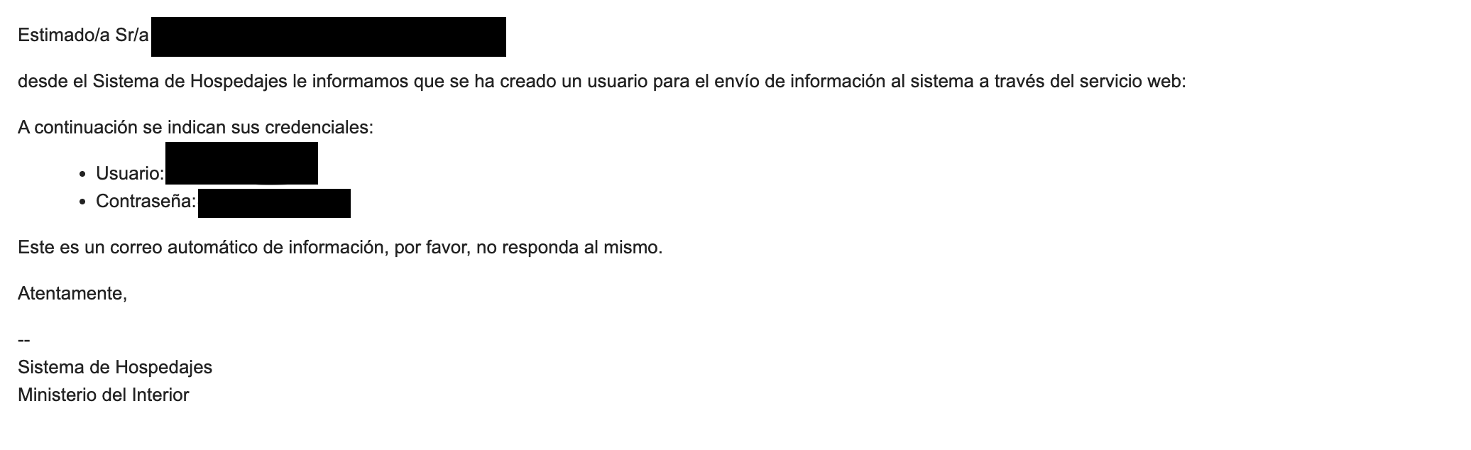 Email con credenciales WS
