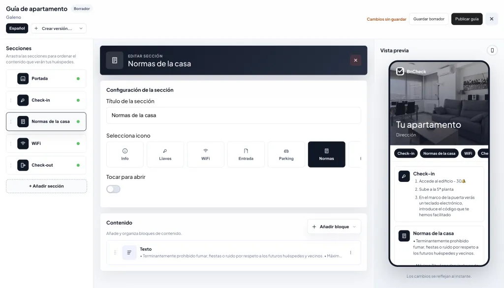 Editor de guías de llegada de BnCheck para apartamentos turísticos