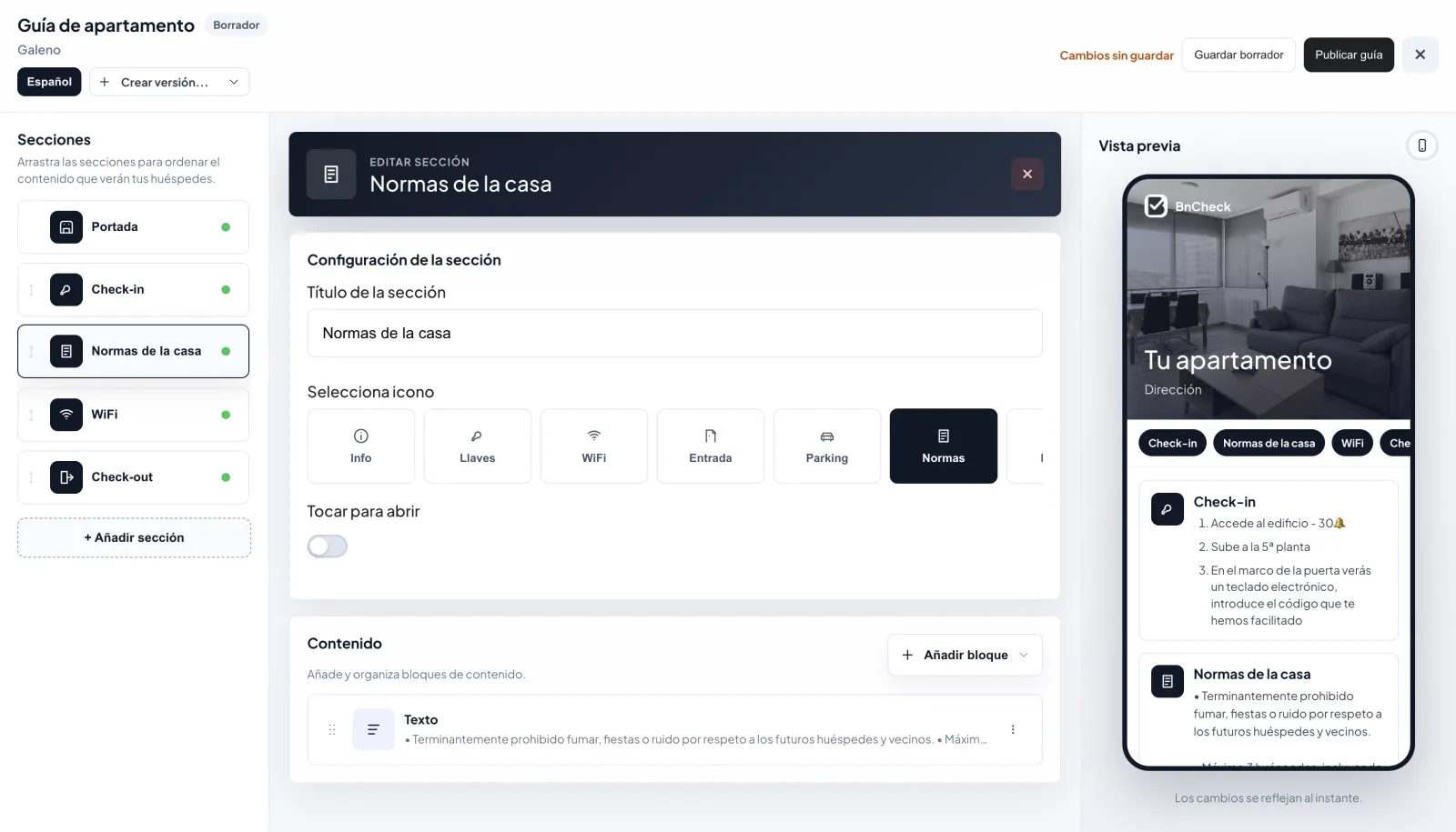 BnCheck apartment arrival guide editor with content blocks and sharing options