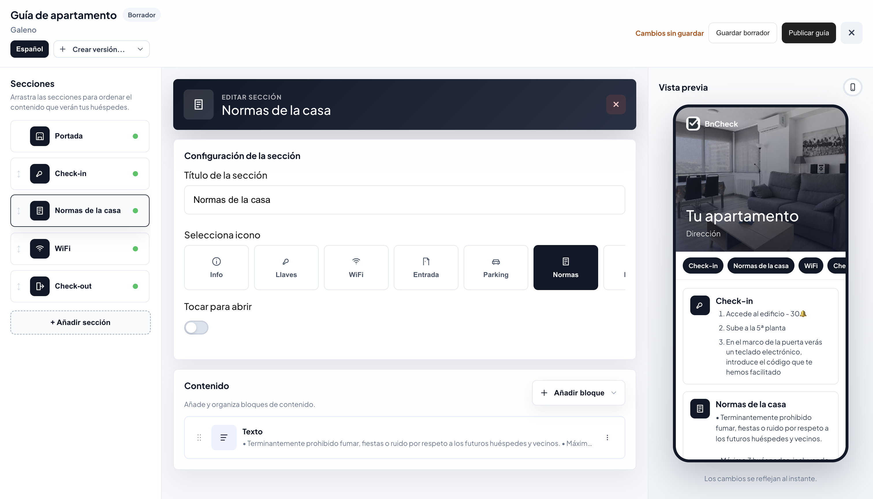 BnCheck arrival guide editor for tourist apartments