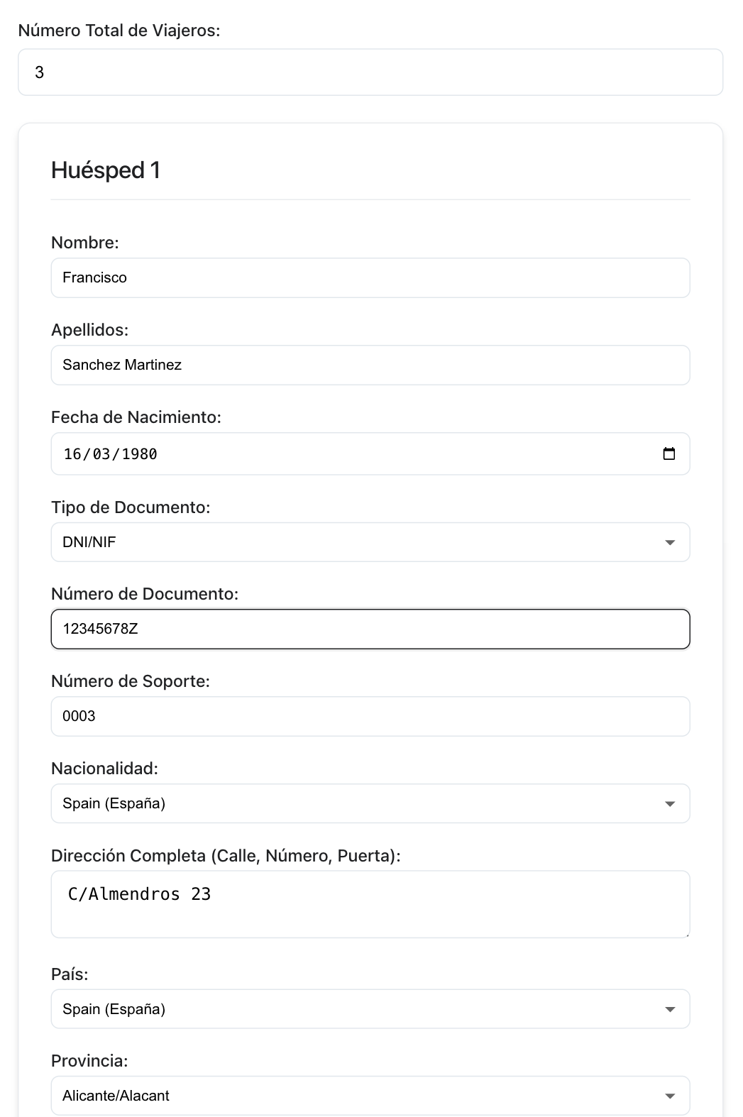 Formulario móvil de BnCheck para completar el parte de viajeros SES Hospedajes