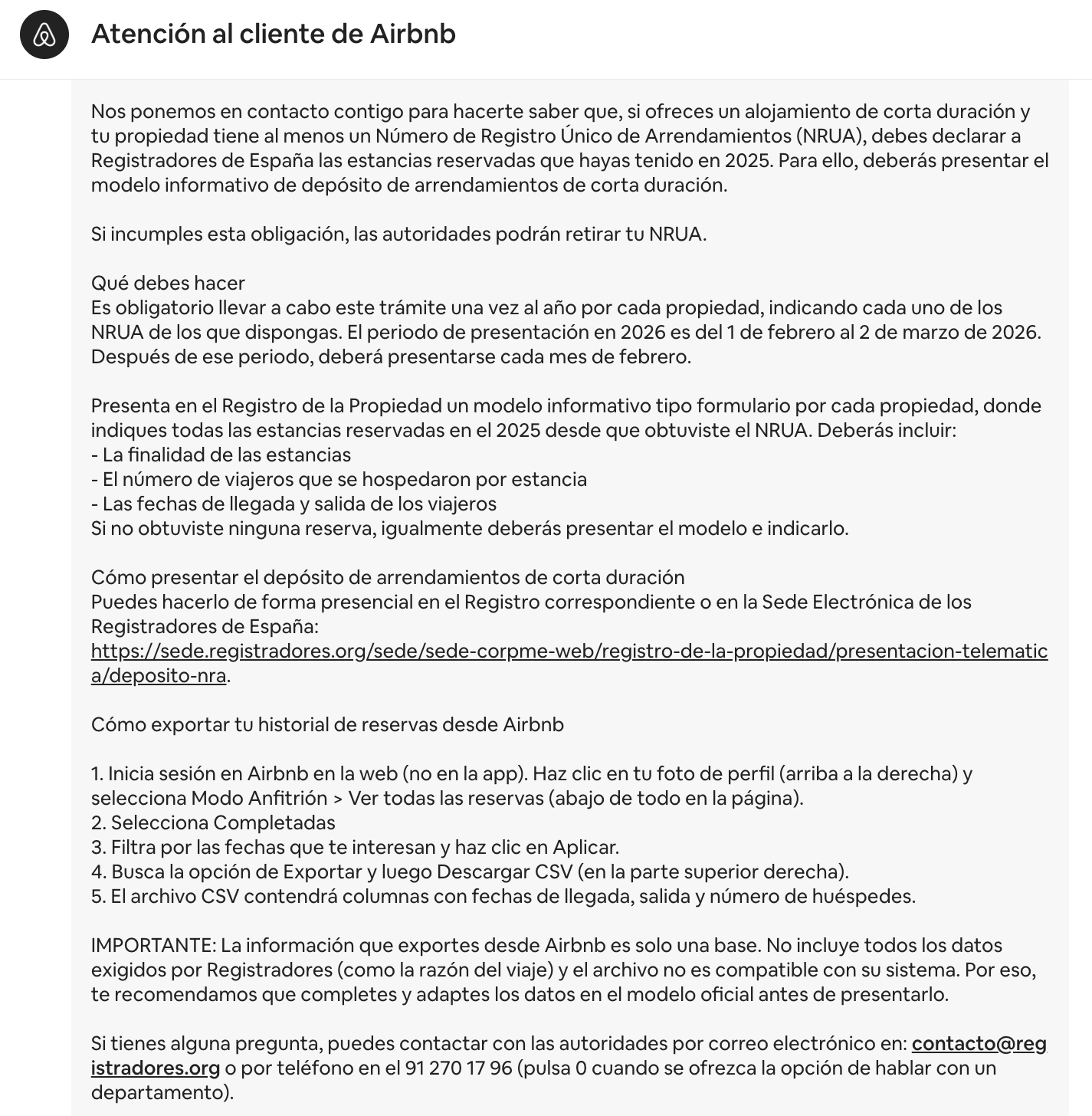 Airbnb email warning about NRUA removal and Informative Model